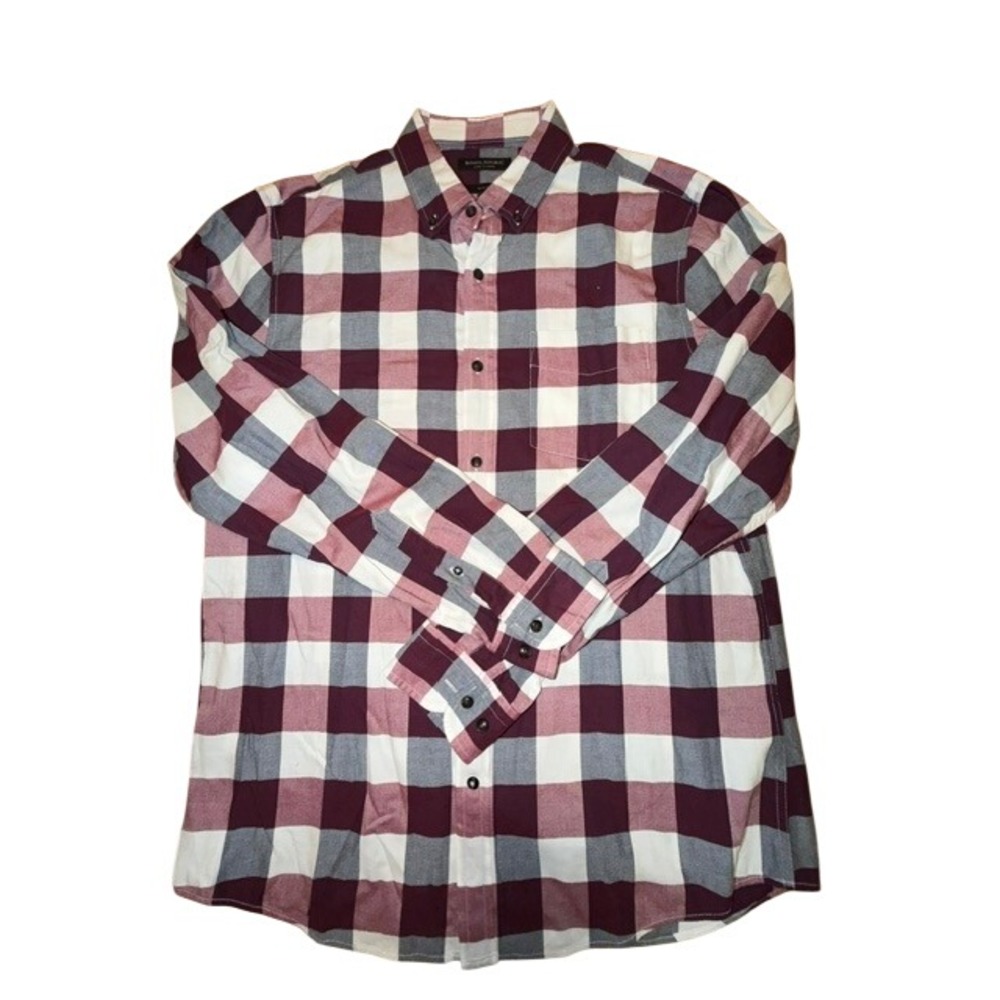 Banana Republic Luxe Flannel Shirt Mens Large Slim Fit Burgundy Plaid Buffalo